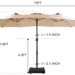 Brand new 15ft Large Patio Umbrella with Base & Solar Lights, Double-Sided Outdoor Rectangle Umbrellas with 36 LED Lights