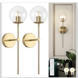 HLILCEH Battery Operated Wall Sconce Set of 2 Glass Globe 3000K Rechargeable Wall Light Fixture Wireless Wall Lights with Clear Glass Shade for Living
