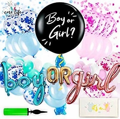 Gender Reveal Party Supplies - Decorations Kit for Baby Boy or Girl with Confetti, Pink and Blue Balloons, Large Black Balloon,