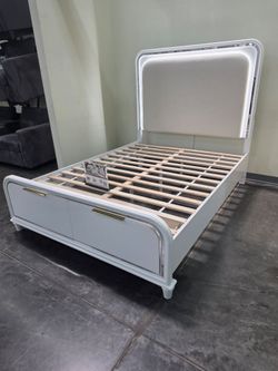 White Queen Size Bed with Drawers | Modern style bed with LED lighting