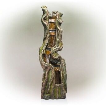 79 in. Tall Outdoor Tree Trunk Waterfall Statue Floor Fountain with LED Lights