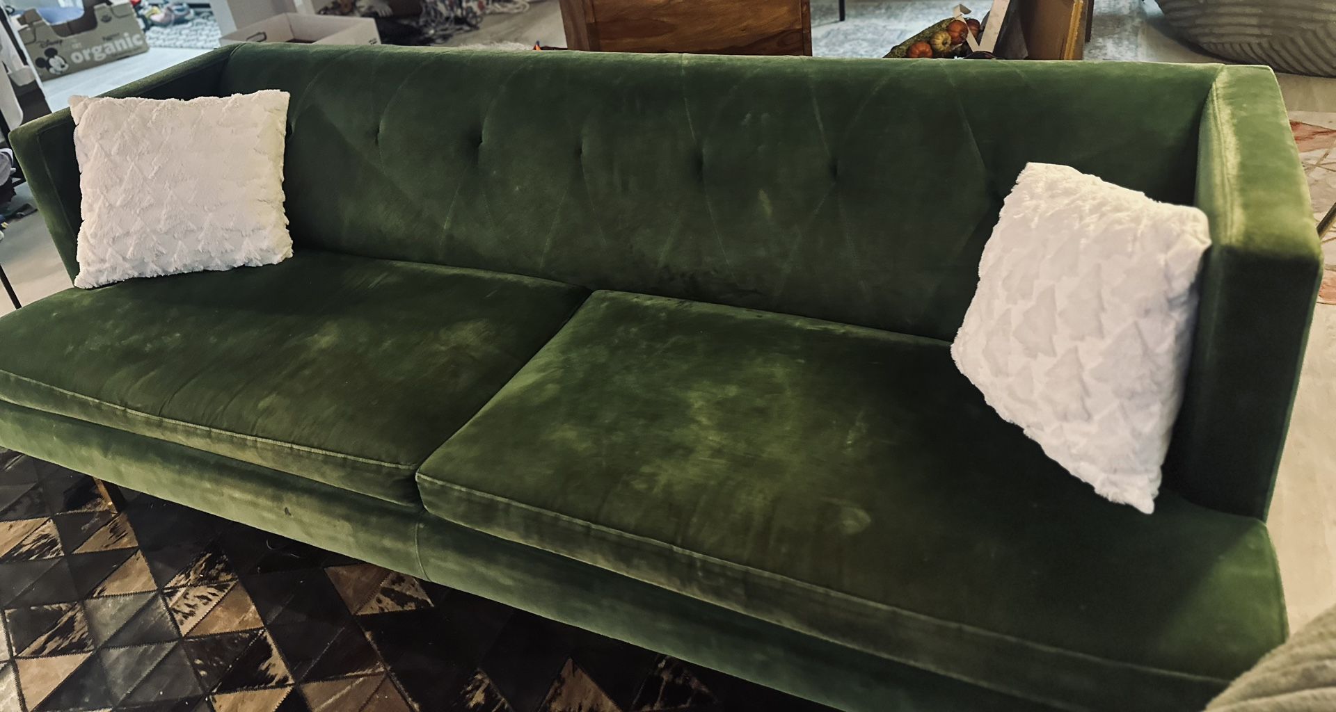 Crate & Barrel Deep Green Velvet 87” long  Sofa Couch 87 Inches 