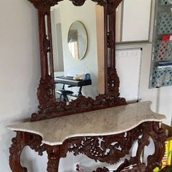 Antique Luna Carving Dressing Table With Mirror 