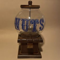 Antique Wooden & Glass Nut Dispenser, Great Shape, Nice Graphic