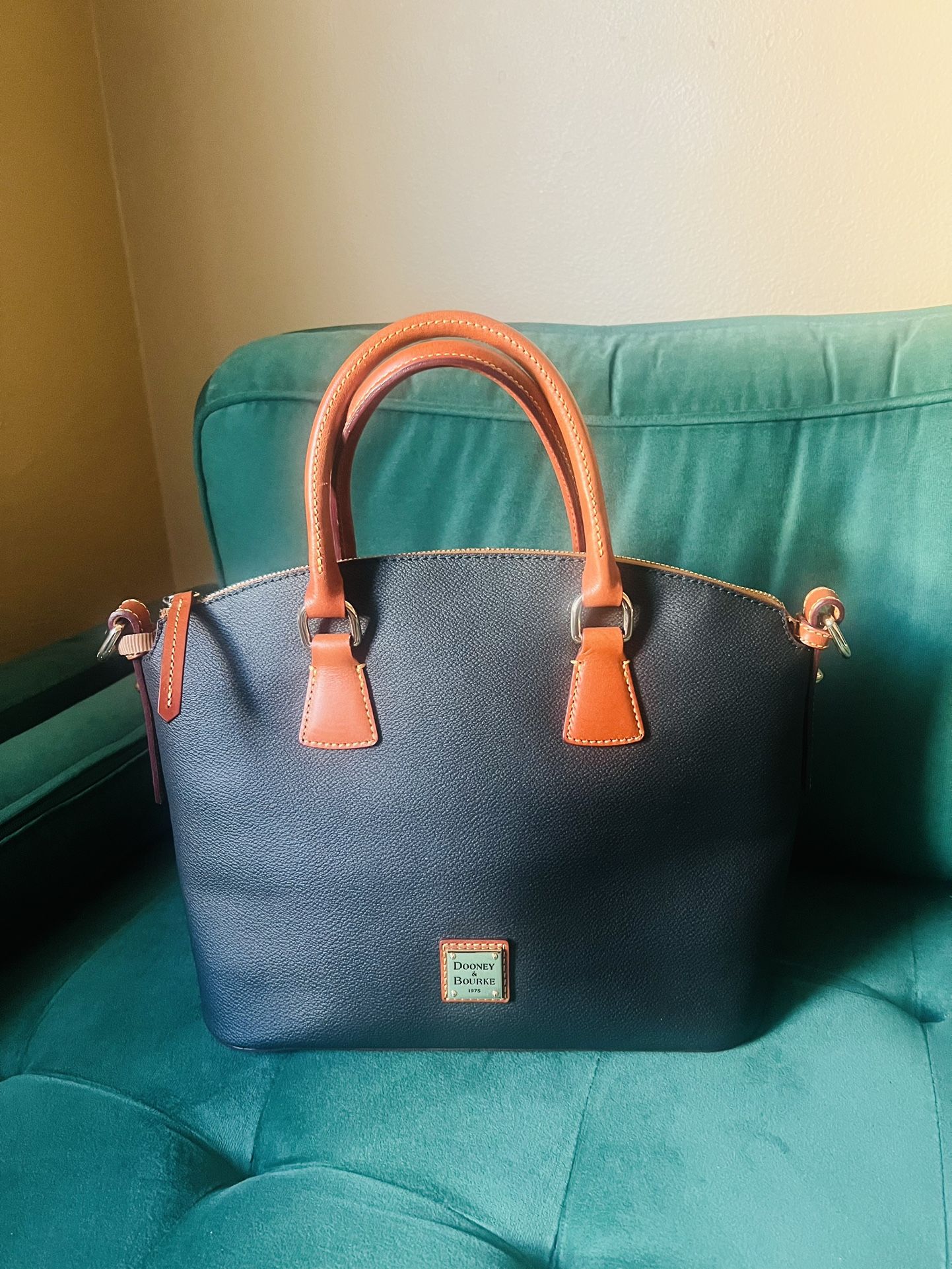 Dooney & Bourke Domed Satchel In Pebble Grain Leather In Black And Tan Beautiful Bag!!