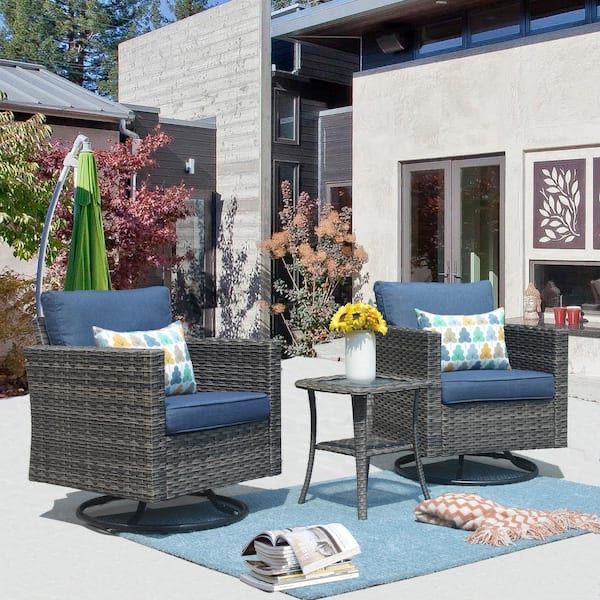 Gray 3-Piece Wicker Patio Conversation Seating Sofa Set with Denim Blue Cushions and Swivel Rocking Chairs  This 3-Piece outdoor conversat