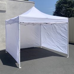 $120 (New) Heavy duty white 10x10 ft canopy with 3 sidewalls ez popup outdoor gazebo, carry bag 