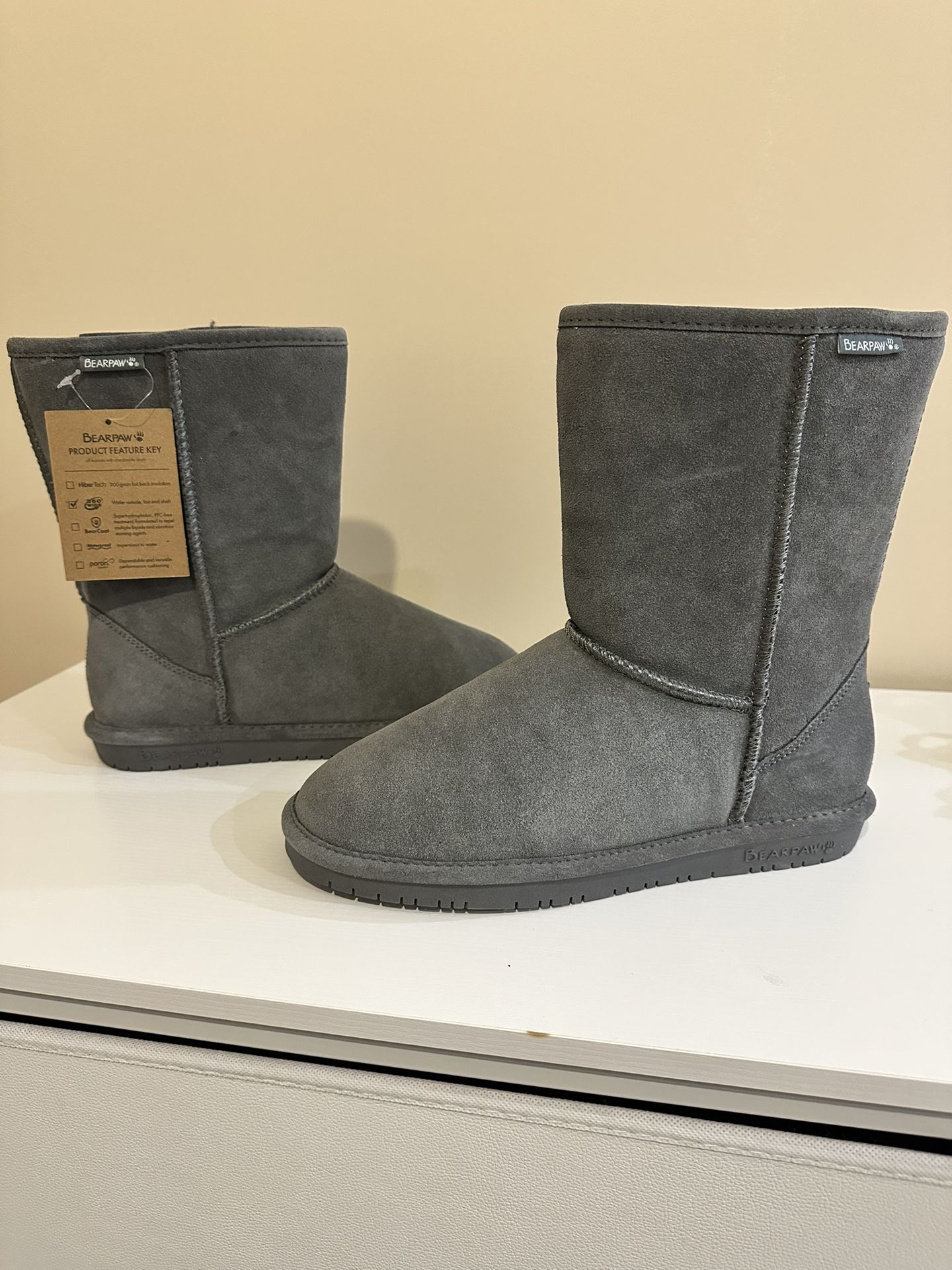 Bearpaw Women’s Julia Gray Boots Faux Fur Lines Size 9W W/O Box