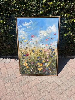 Spring Wildflowers Field Framed Wall Art, Vintage Floral Wall Decor, Botanical Landscape Canvas Art, Flowers Farmhouse Canvas Large Print