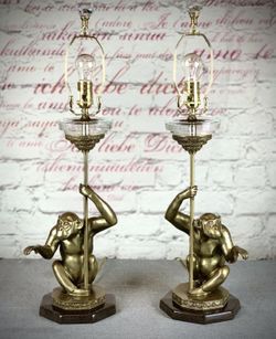 Pair Vintage Monkey Lamps Brass with fringe shade
