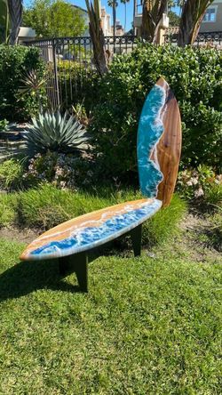 Handmade by Seller - 4 Foot Elm Surfboard Coffee Table / Bench Full Epoxy Resin with Ocean Waves
