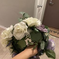 7 Homemade Purple and Ivory Wedding faux flower centerpieces