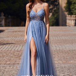 A-line V Neck Sweep Train Tulle Prom Dress with Beading Sequins Split