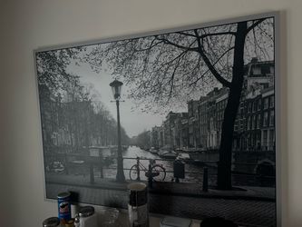 Title: Framed Amsterdam Canal Wall Art — $15  Framed print of an Amsterdam canal with a black-and-white city scene and a red bicycle. A lovely piece f