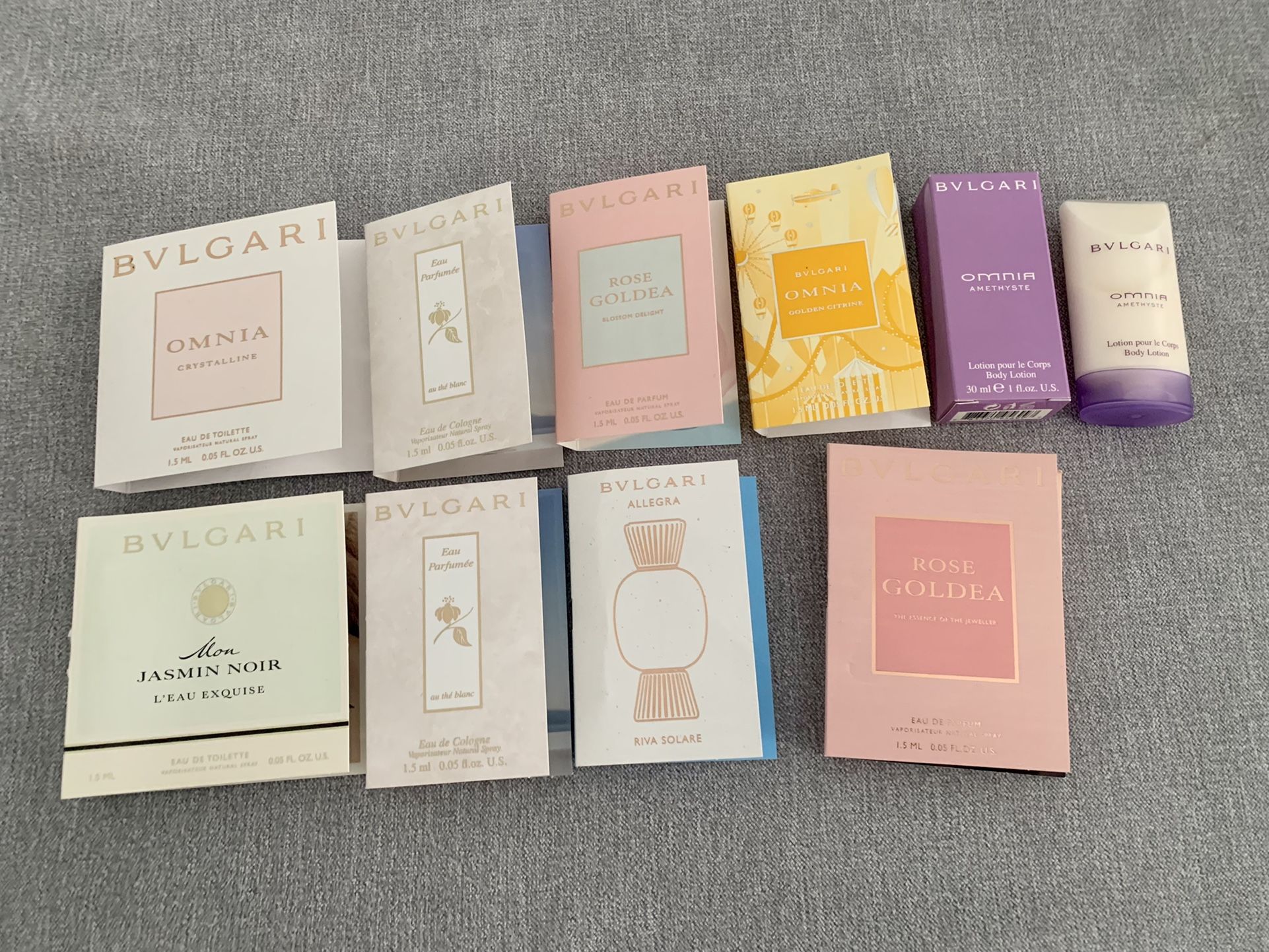 Lot of 9 womens Bvlgari luxury designer perfume samples lot bundle All brand new and never used Includes: Bvlgari Omnia Crystalline (2) Bvlgari a