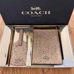 COACH Star Rose Gold Glitter Passport Case and Luggage Tag