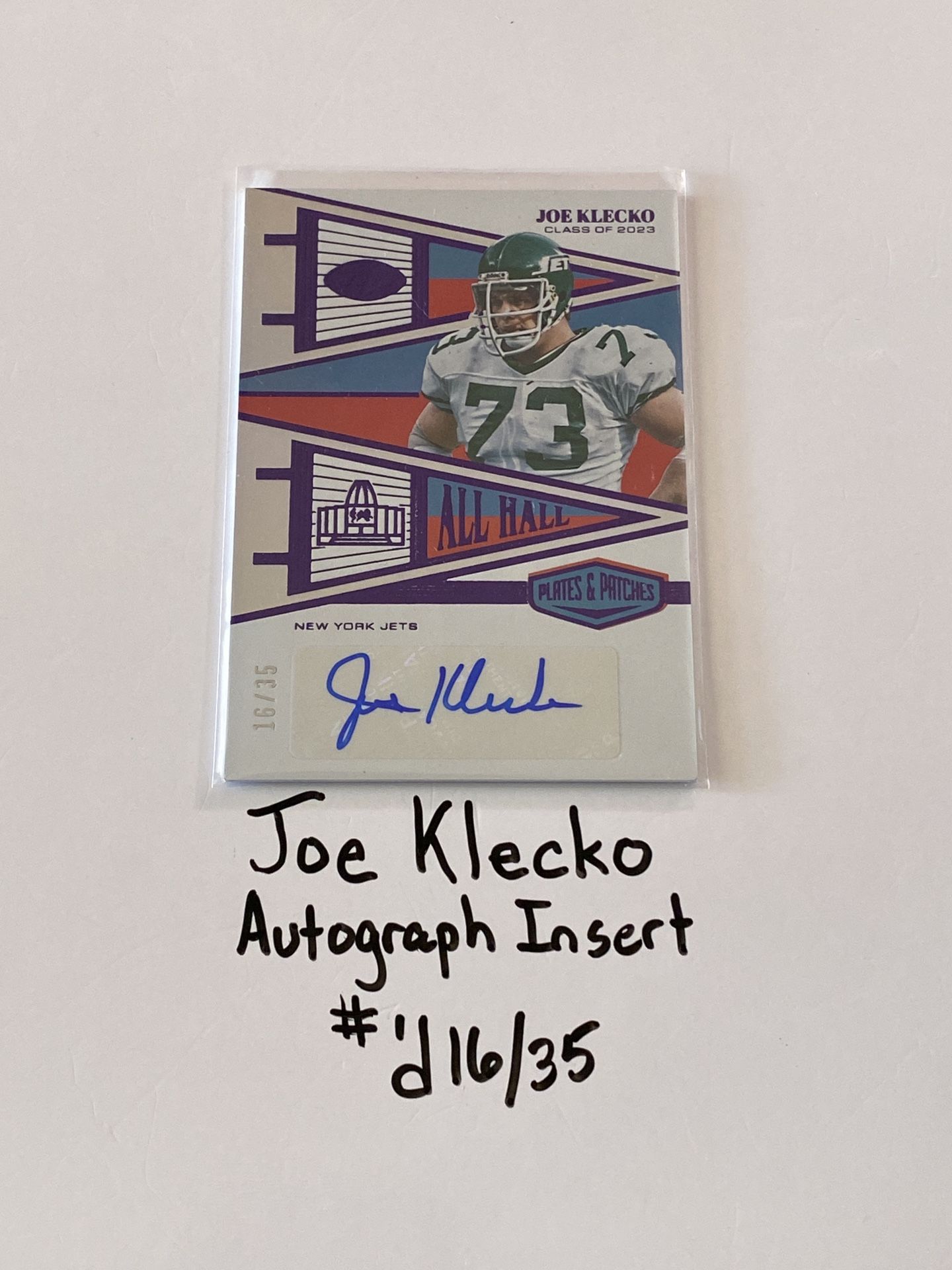 Joe Klecko New York Jets Hall of Fame DE Plates & Patches Short Print Autograph Insert Card. #’d 16/35.