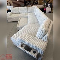 Corduroy light silver RHF Fabric Half U-Shaped Pull Out Sectional Sofa w/ Storage Armrest w/ USB