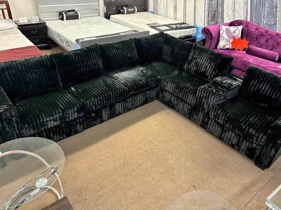 Black Jumbo corduroy sectional sofa with Console