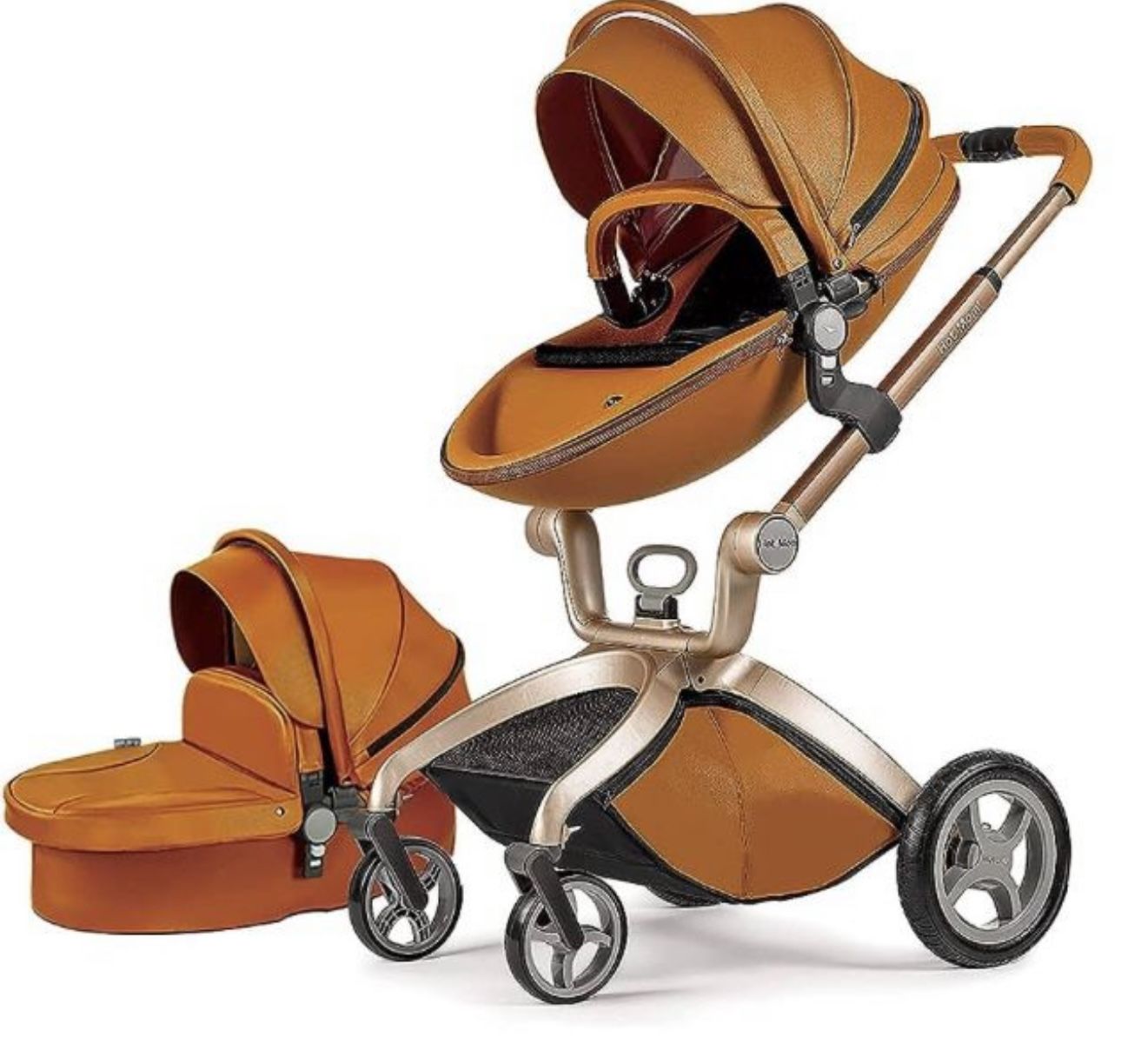 Hot Mom Baby Stroller Reversible Luxury PU Leather Pram,Brown