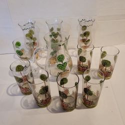 Drinking Glasses Pitcher Garden Topiary Hand Painted Home Decor