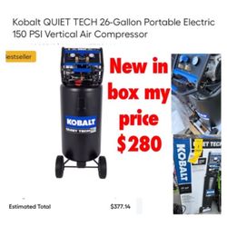 Brand new in  box Kobalt QUIET TECH 26-Gallon Portable Electric 150 PSI Vertical Air Compressor $280 firm don’t ask nothing lower cash only East Palmd