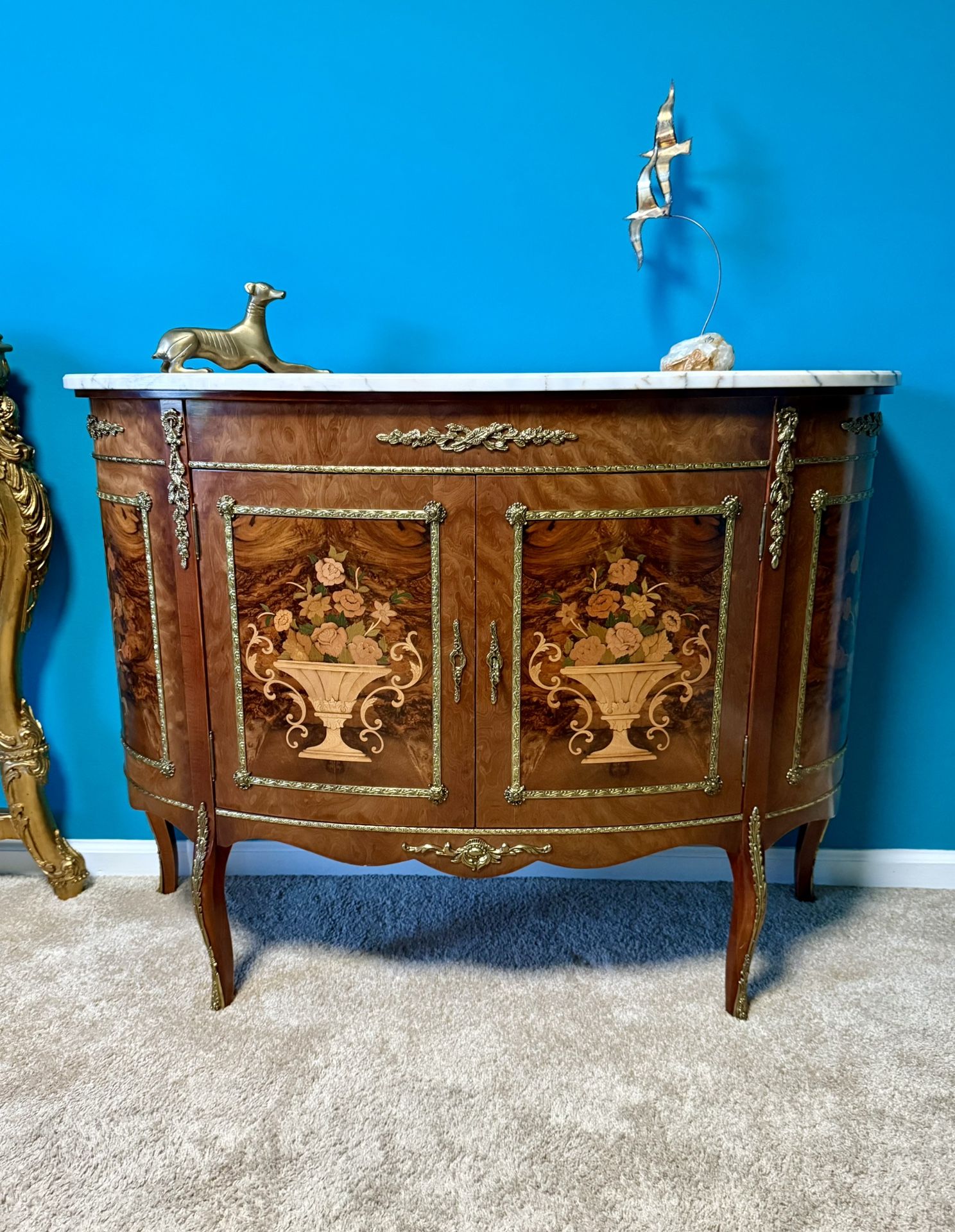 Louis XV Style Marble Top Demilune  Console Table