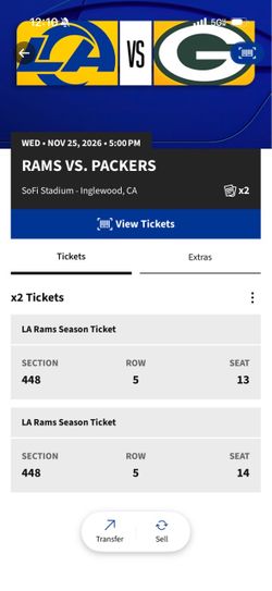 Los Angeles Rams vs Packers (2) Tickets