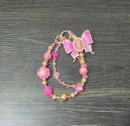 Pink Beaded with Butterfly Cameo Charm Bag Chain