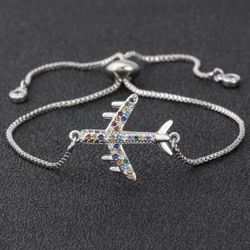 ✈️ New! Adjustable Silver Gold Plated Airplane Bracelet, Copper w Multicolored CZ Stones w Gift Bag