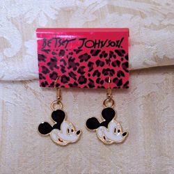 
"Mickey Mouse" gold drop dangle earrings on French wires, black red white enamel 
