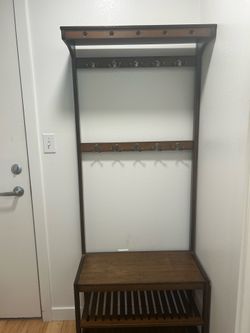 Wood Hall Tree with Shoe Bench and Coat Hooks
