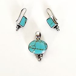 ATI 925 Sterling Silver Mexico Turquoise Pendant & Earrings Set - Juego De Arretes Y Colgante/Dije Turquesa 