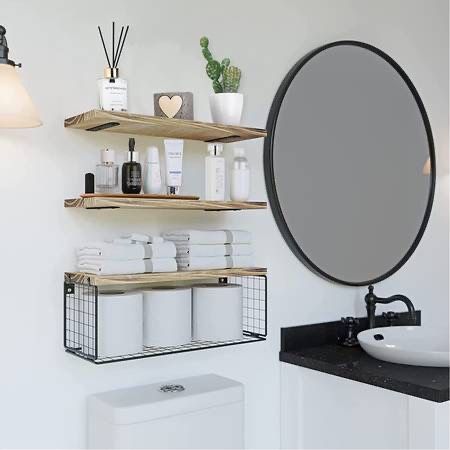 Floating Shelves Wall Mounted, Bathroom Shelf Organizer Over Toilet with Paper Storage Basket, Rustic Farmhouse Wall Shelves Brackets for Wall Decor,