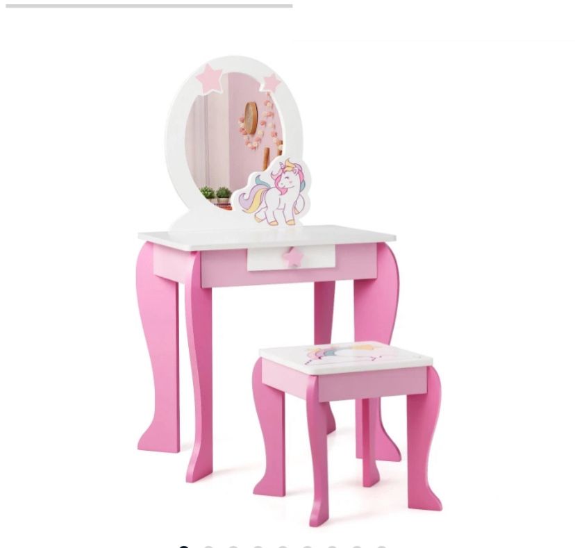 Giantex 2 in 1 Kids Vanity Table & Chair Set Princess Makeup Dressing Table w/Mirror & Comb Writing Desk Pink