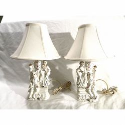 Antique Mint Condition Pair Of Two Fine Porcelain Cording Couple Victorian, Figuring Table Lamps. Made in Japan.