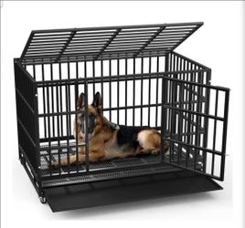 48 Inch Heavy Duty Indestructible Dog Crate, 500lbs Capacity Escape Proof Double Door Kennel with Lockable Wheels, 36" Tall XL Dog Cage with 0.8" Stee