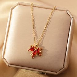 Gold Maple Leaf Necklace with Red Crystal Pendant – Elegant Fall Jewelry