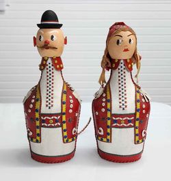 Vintage Yugoslavian Folk Art Couple Decanters – 1960s–70s Leather Wrapped Pair