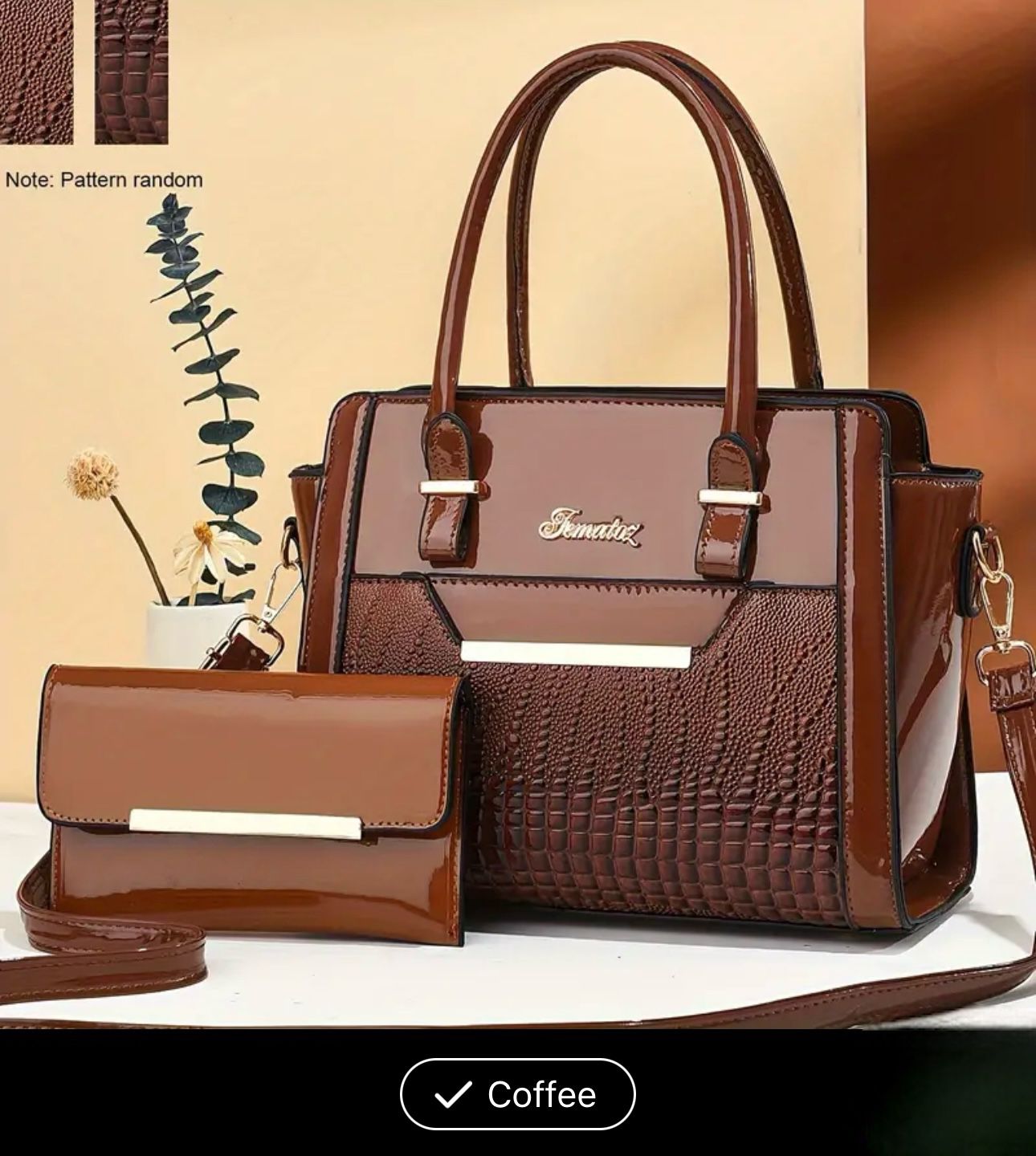 NWT 2pcs Classic Crocodile Pattern Handbag Set, Tote Bag & Clutch Purse Coffee