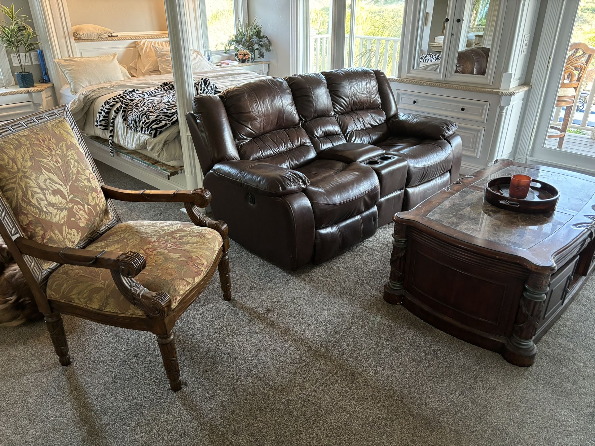 Leather Electric Reclining Couch, Accent Chair And Heavy Duty Wood With Marble Coffee Table