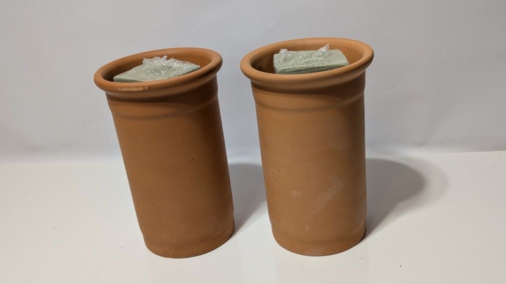 Pair of 9 Inch Tall Terracotta Cylinder Vases with Floral Foam Inserts Rustic Look