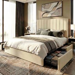 Full Size Velvet Bed Frame with 4 storage Drawers Cream Color
