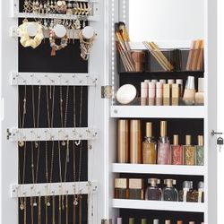 Mirror Jewelry Cabinet Armoire Organizer, Wall or Door Mount Storage Cabinet with Full-Length Frameless Lighted Mirror, Built-in Makeup Mirro