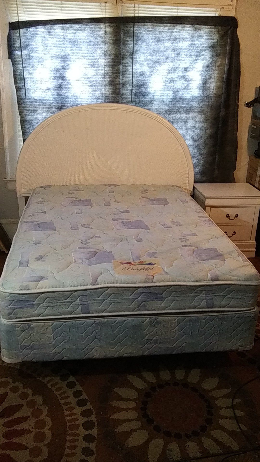 Full size bed complete! Headboard, metal frame Super clean mattress. No stains! Reduced $150 to $125. Can have nightstand free with bed.