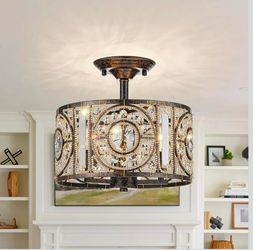 Vintage Crystal Drum Chandelier, 3-Lights Bronze Finish Retro Chandelier Lighting Fixtures