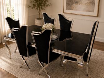 Black Mirrored Dining Table & 6 Black Velvet Chair Set