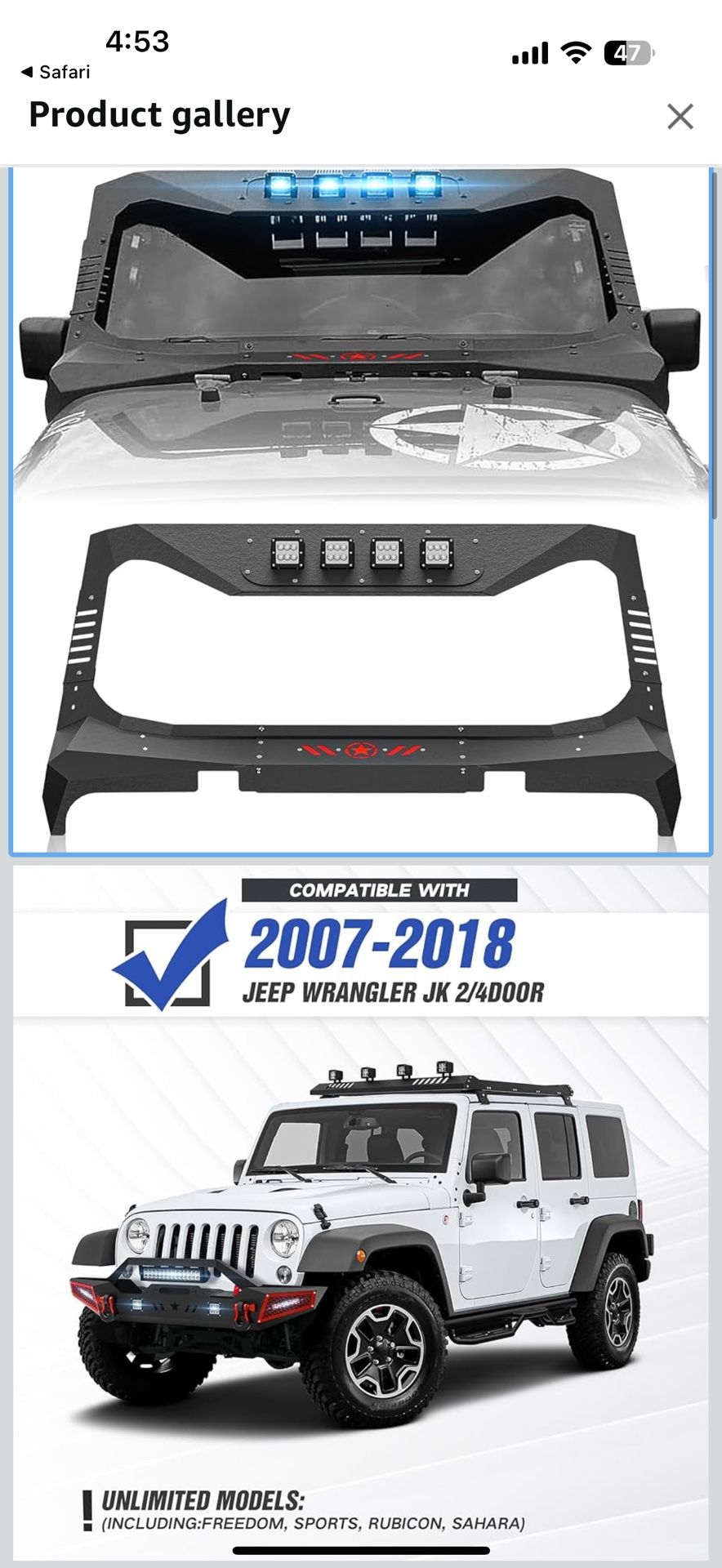 for Wrangler JK Mad Max Windshield Frame Cover Roof Sun Visor Cowl Body Armor Compatible with 2007-2018 Jeep Wrangler JK JKU with 4 LED Lights, Windsc