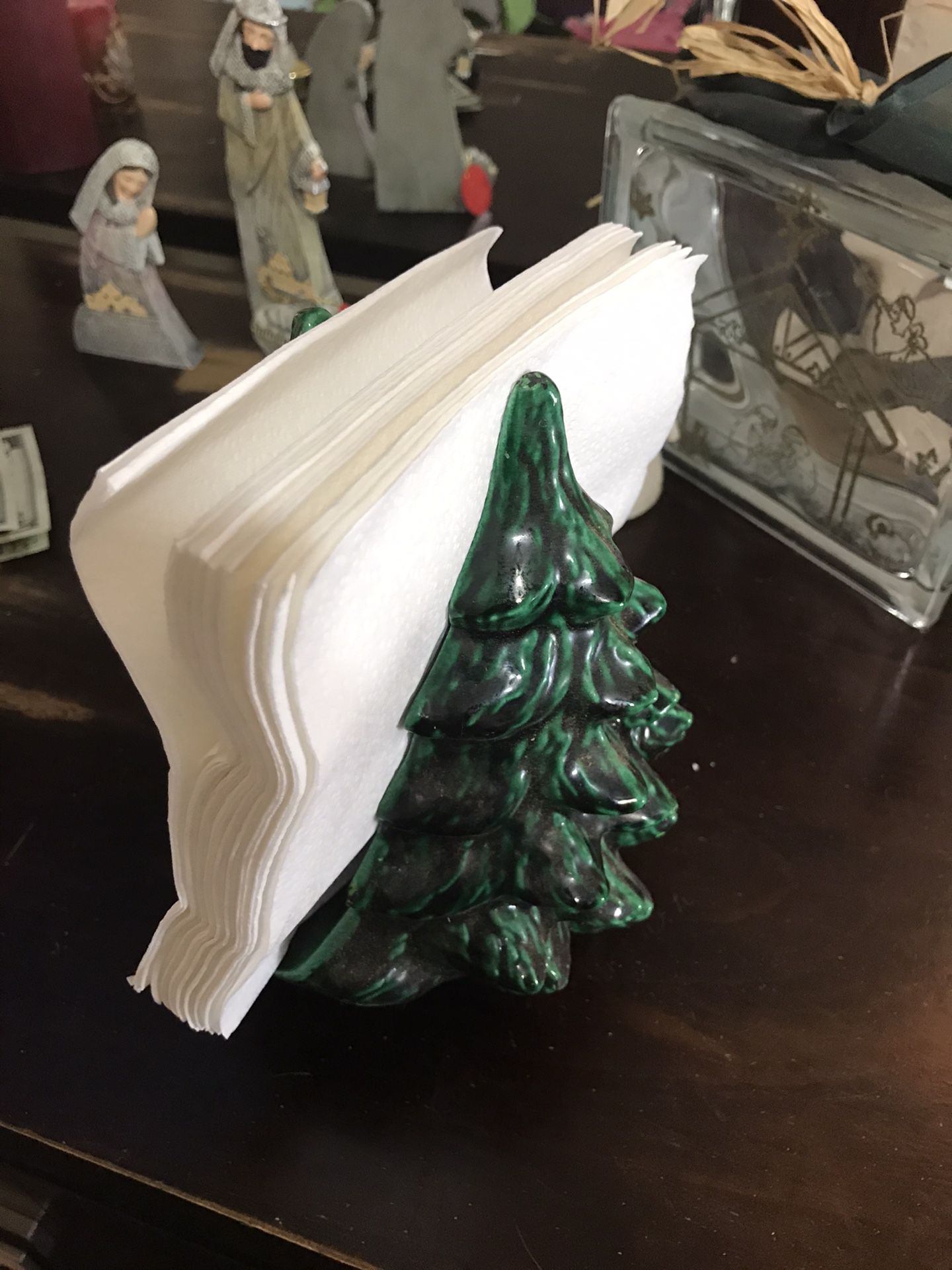 Vintage green ceramic Christmas tree napkin holder