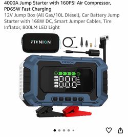 4000A Jump Starter with 160PSI Air Compressor, PD65W Fast Charging 12V Jump Box (All Gas/10L Diesel), Car Battery Jump Starter with 168W DC, Smart Jum